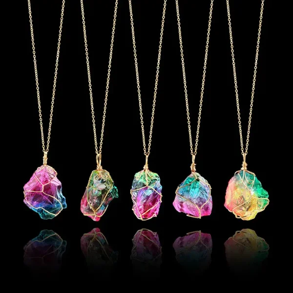 1Pc Irregular Rainbow Stone Natural Crystal Chakra Rock Necklace Golden Plated Quartz Pendant Nice Gift For Lover Friends 2
