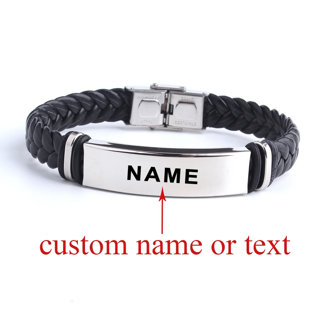 Black Sesame Custom name Logo Leather Bangle & Bracelet Personalized Stainless Steel Bracelets For Women Men ID Bracelet 1