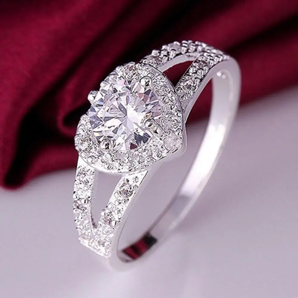 Women 925 Sterling Silver Crystal Love Heart Shaped Ring Bridal Wedding Jewelry 1