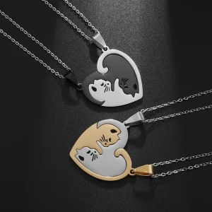 Stainless Steel Heart Shape Hug Cute Pet Cat Pendant Necklace Women Girls Fashion Trendy Jewelry Couple Gift 1